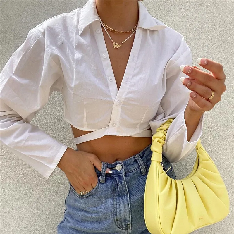 

Summer Sexy Long Sleeve Crop Top Ruffles White Shirt Women Puff Sleeve Harajuku Tee Shirt Chiffon Blouse 2021 Fashion Lace up