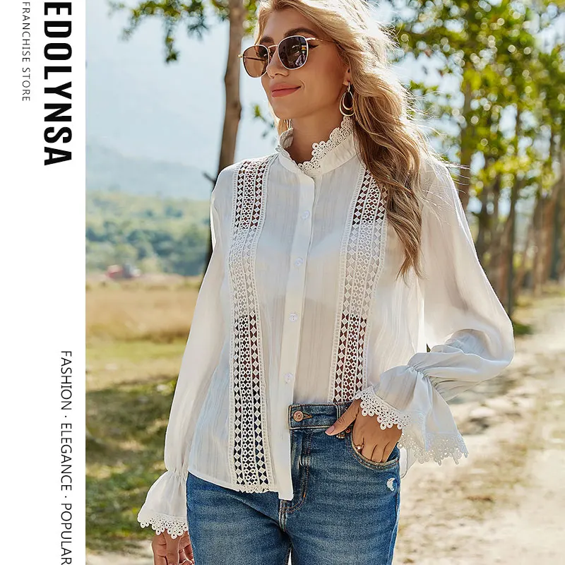 

2021 Spring New Hollow Lace Blouse Flare Sleeve White Striped Shirt Elegant Office Lady Blouse Solid Tops Womens Clothing Y92