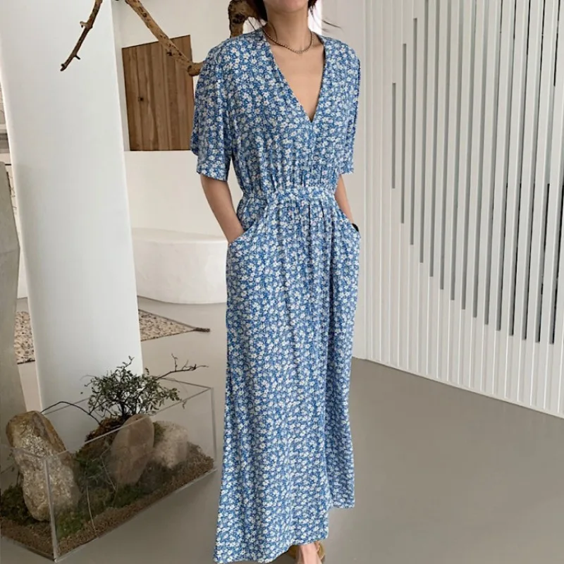 

Korean Chic V-Neck Vintage Blue Floral Print Midi Dress Women High Waist Holiday Daily Vestidos