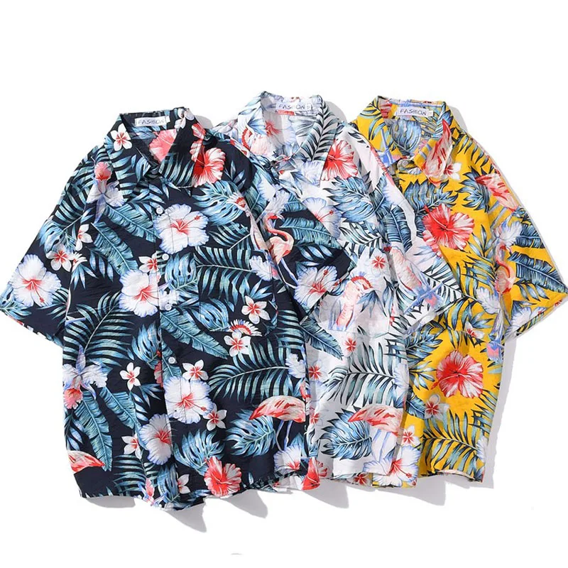 Men Shirt Short Sleeve 2021 New Arrival Summer Loose Flowers Leaves Handsome Male Shirt Thin Student Korean Style Hot Sale S25
