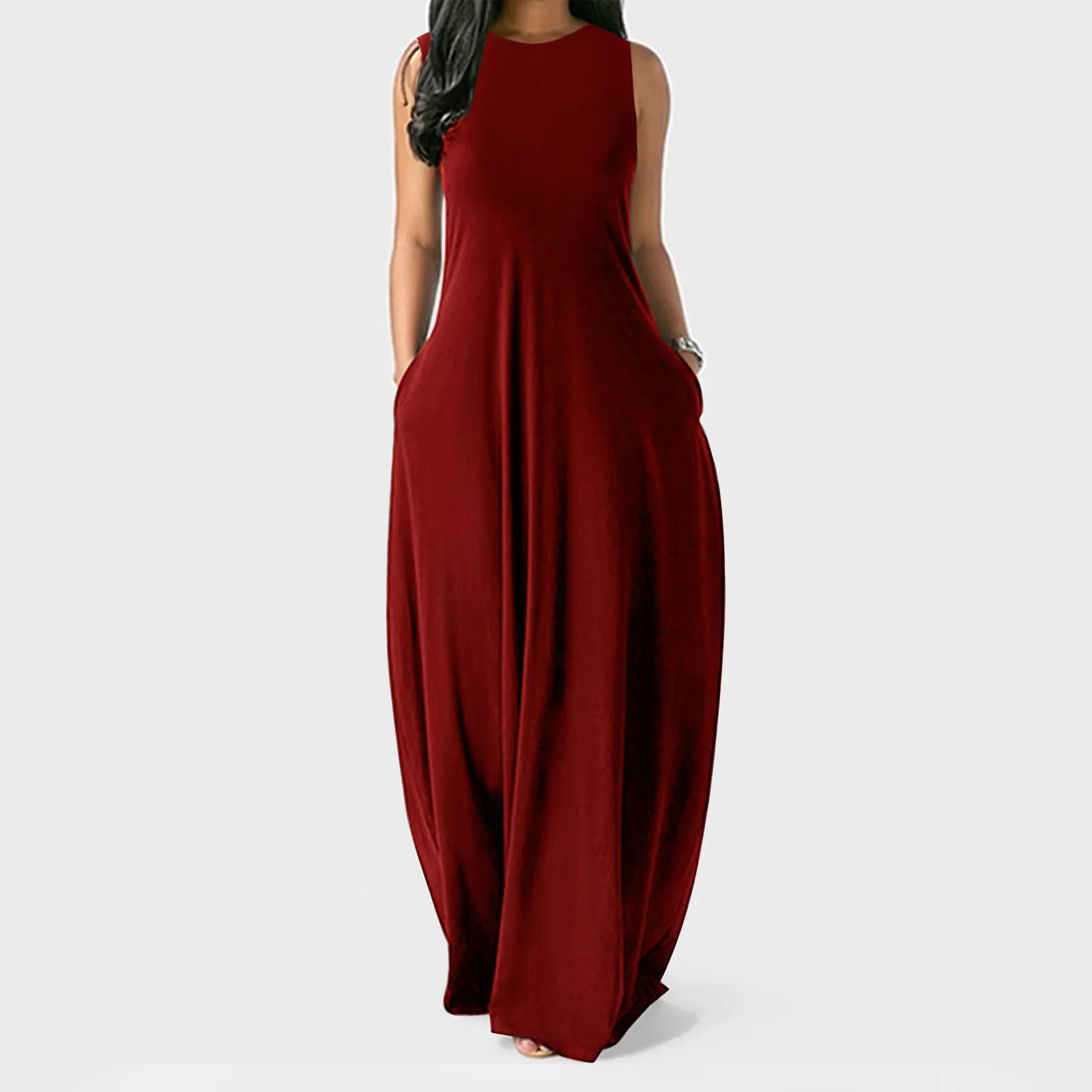 

Women's Sleeveless Loose Draw Back Plain Maxi Long Dresses Casual Loose Wave Fold Vest Long Dress With Pockets Holiday Vocation