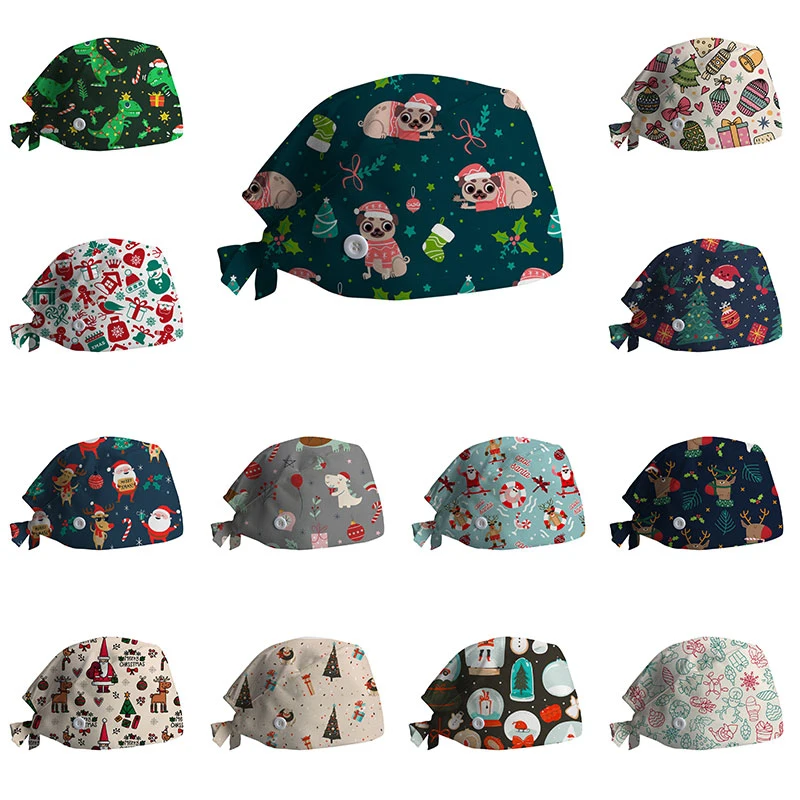 

Unisex Scrub Nurse Hat Women Cartoon Printing Hats Fashion Printed Baotou Cap Head Cover Hats Christmas Surgical Cap