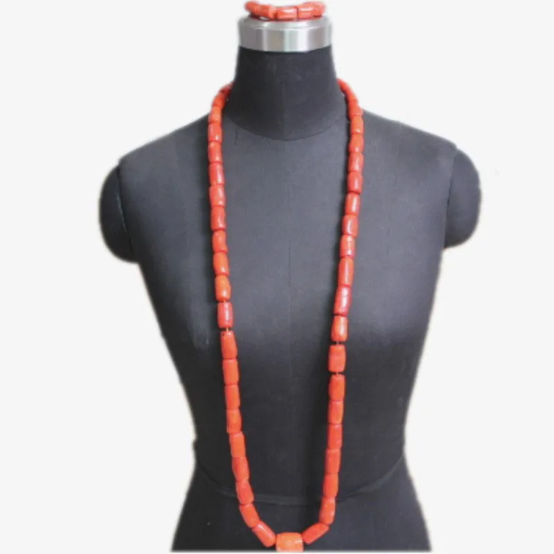 

4UJewelry Nigerian Wedding Jewellery Set With Big Coral in the Middle Men's Necklace Bracelet Set 2019 Genuine Coral Beads African Groom Set Long Design Edo Traditional Bridal Nature Coral Jewelry Set 3 Pieces Indian