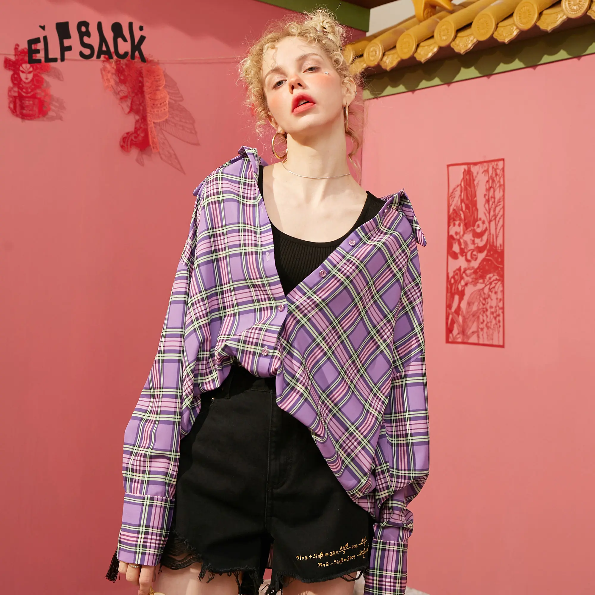 Женская винтажная блузка ELFSACK фиолетовая клетчатая Повседневная Блузка с