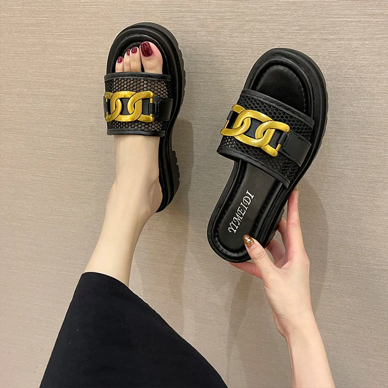 

Shallow Shoes Rivet Ladies' Slippers Slipers Women Platform Square heel Cover Toe Med 2021 Flat Block Slides PU Spring Patent