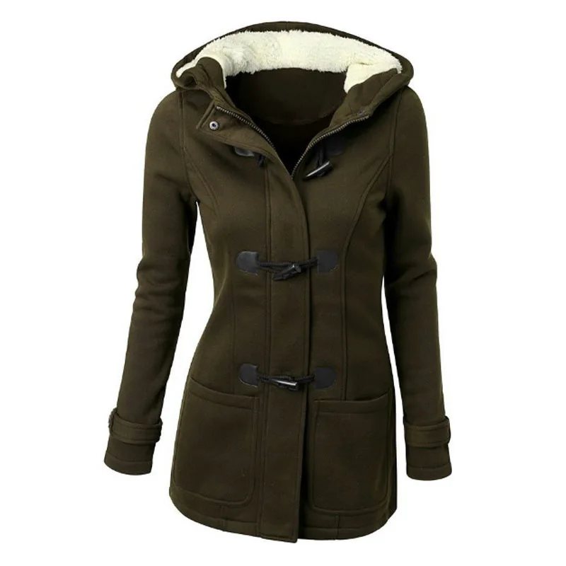 New S-6XL Women Cotton Horn Button Slim Casual Coat Winter Plus Size Parkas Long Sleeve Warm Jacket Grey Solid Hood Pocket Coat