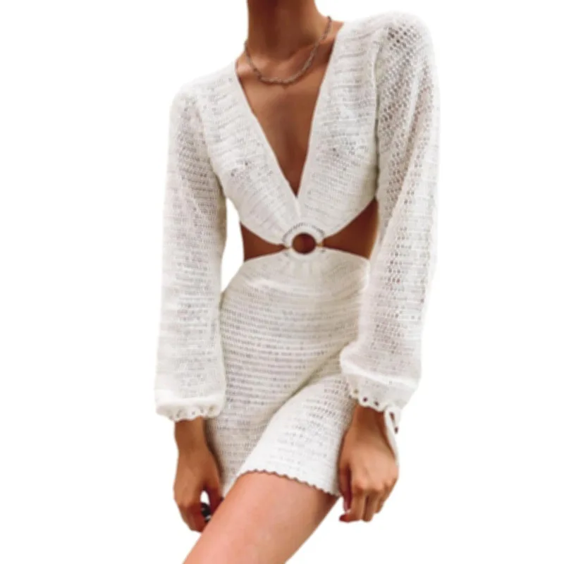

2021 Bodycon mini Dresses Casual White Hollow Out Party Wrap Dress Sexy V-neck Knit Stripe Long Sleeve Dress Beach Backless