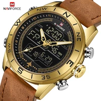 naviforce mens genuine leather watches dual display digital fashion male watch waterproof chronograph alarm clock reloj hombre