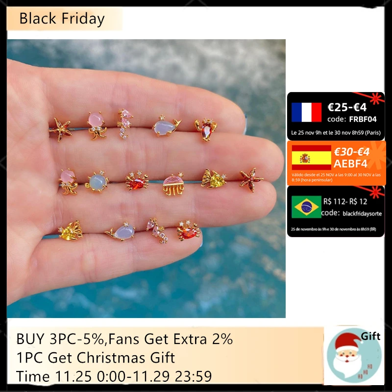 

OTOKY Cute Marine Life Stud Earrings For Women Girls Copper Alloy Seahorse Sea star/mother Animal Mini Zircons Ear Jewelry Gift