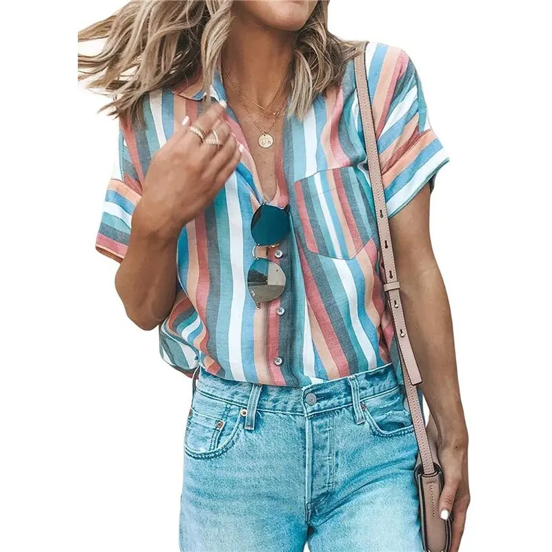 

Модная женская рубашка из полиэстера в полоску контрастных цветов с принтом