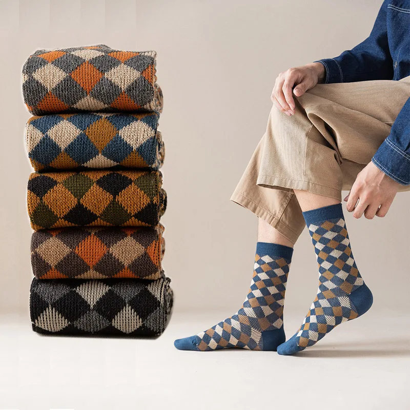 

Мужские носки, новинка 2021, Модные дышащие носки из чесаного хлопка в стиле ретро, в клетку, Классические носки для мужчин, высокое качество, в...