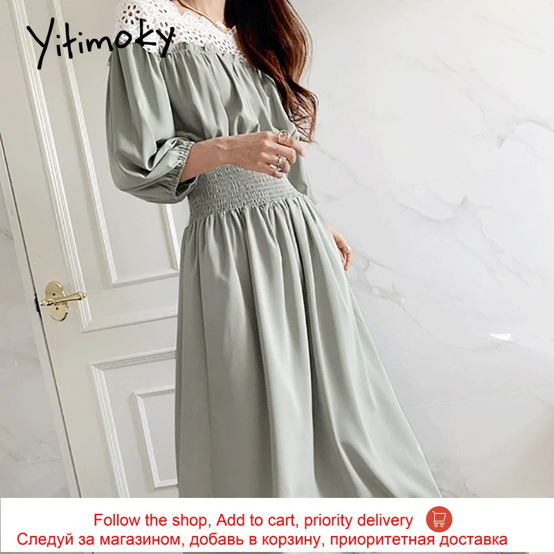 

Yitimoky Elegant Dresses Women Vintage Hook Flower Hollow Lace 2021 Summer Ruched Puff Sleeve Square Collar Pullover Dresses