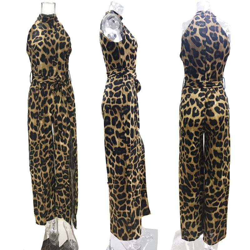 Женский комбинезон Missufe с леопардовым принтом Свободный Длинный клубный вырезом