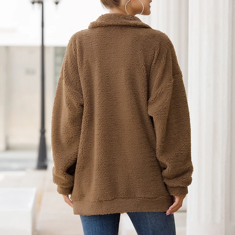 Women Warm Jacket Zipper Long Sleeve Lapel Coat Ladies Fleece Faux Fur Outwear Winter Windproof Thick Plus Size 2XL |