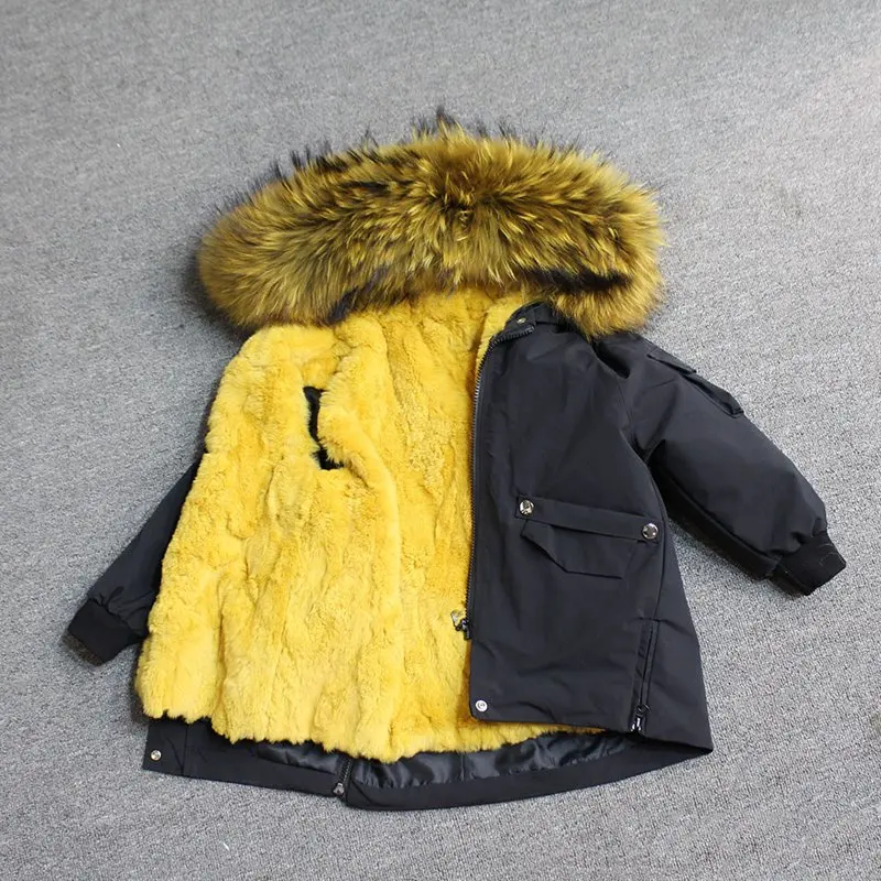 black yellow fur Для маленьких мальчиков детская зимняя куртка, детская куртка-пуховик для девочек зимняя куртка для детей в Зимняя куртка для девочек и мальчиков детские линией натурального меха кролика, парка, пальто - Цвет: black yellow fur