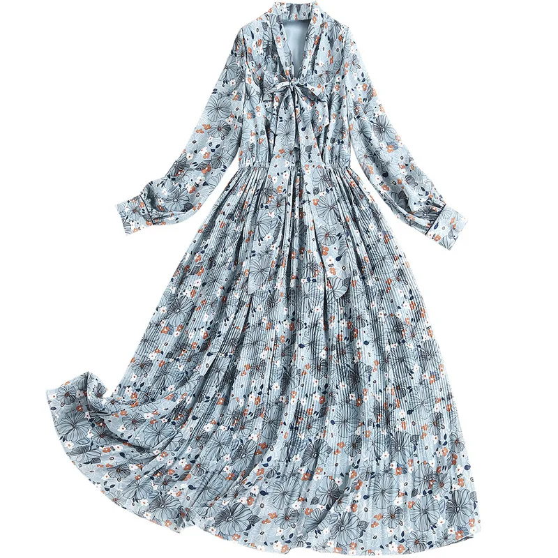 

Women floral chiffon long sleeve dresses 2021 spring summer elegant bow collar pleated plus size clothing boho dress blue