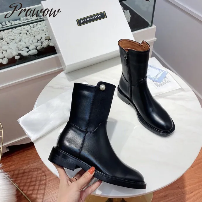 

Prowow New Black Genuine Leather Pearl Zip Side Ankle Boots Low Heel Comfortable Boots Designer Shoes Women Botas Mujer