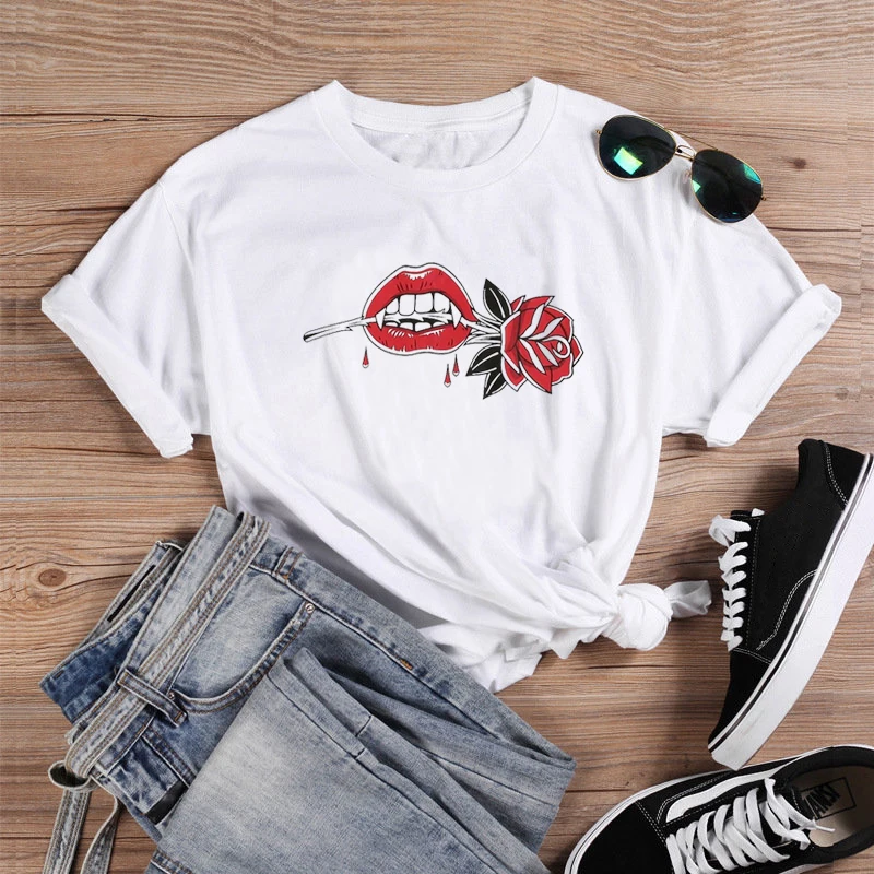 Карандаш для губ и цветочный цветной Готический футболка Графический 100% хлопок