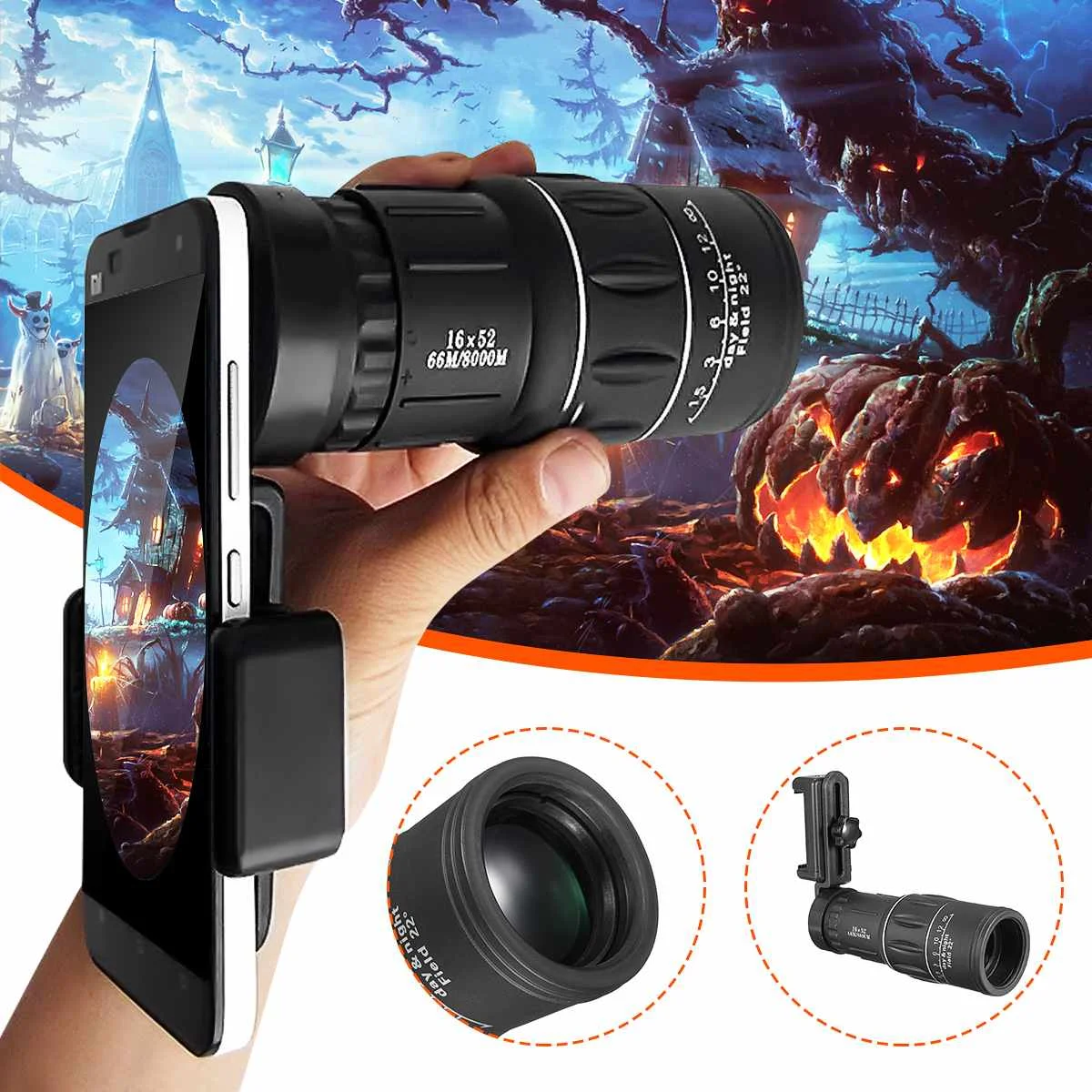 

16x52 Zoom Phone Lens Telescope HD Monocular Telescope Phone Camera Lens + Phone Holder Clip For Hiking Camping For iPhone 12 11