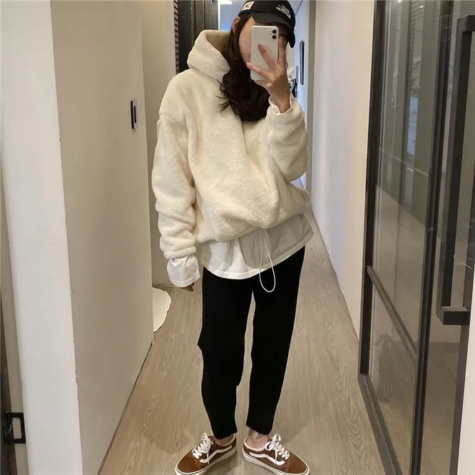 

Fashionable new furry warm hem drawstring hooded warm lamb wool sweatshirts