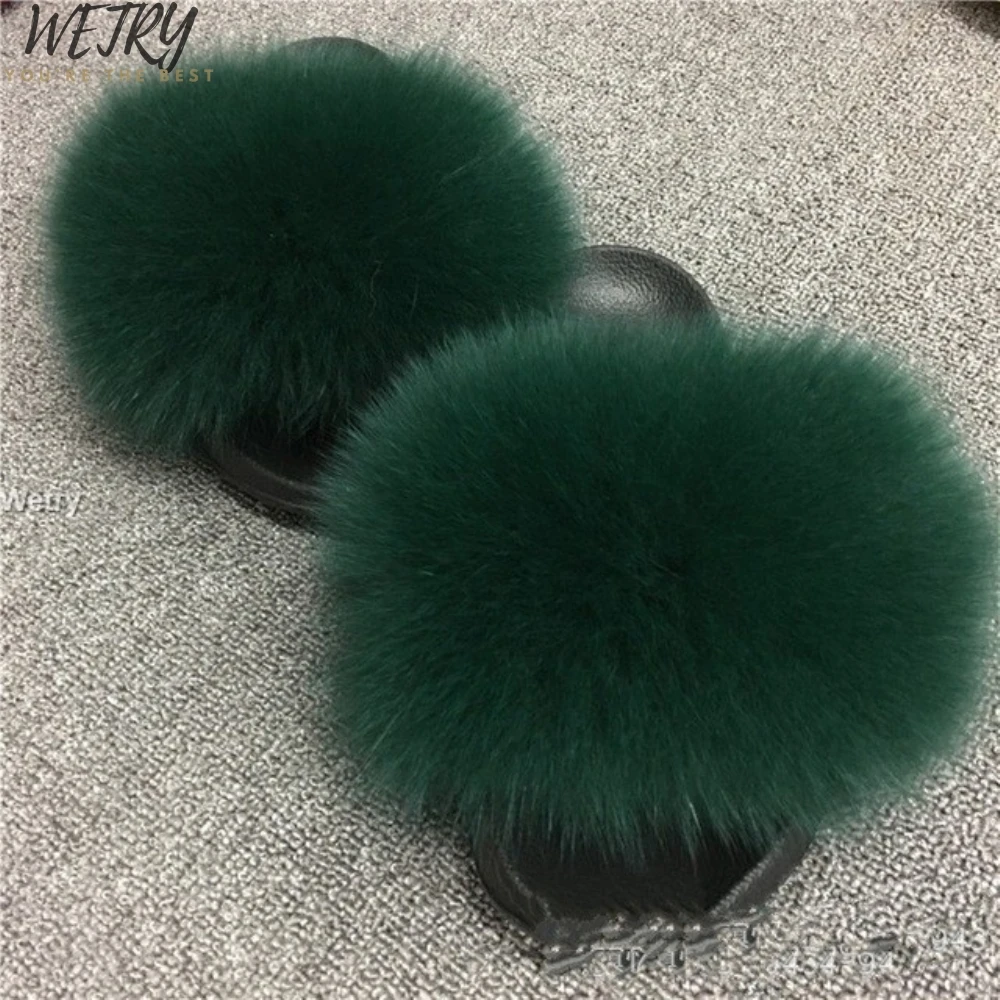 Fox Fur Slides Г., шлепанцы с натуральным лисьим мехом пушистые шлепанцы с мехом лисы Мягкие плюшевые меховые шлепанцы Летняя женская обувь - Цвет: Fox Fur Slides