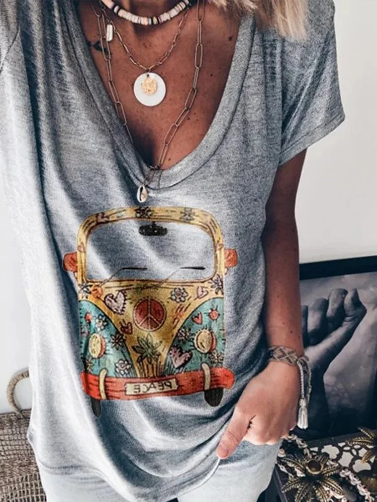 

Big size Summer Woman T-shirt Loose V neck short sleeve cars printed tshirts female plus size women clothing large size tops