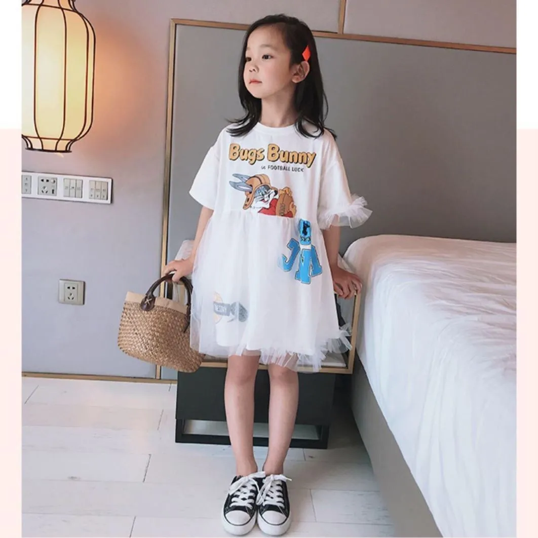

4-15Y Teen Girls Dress Girls Cartoon Dress Summer New Big Children Loose Casual Dress Kids T-shirt Long Straight Dress