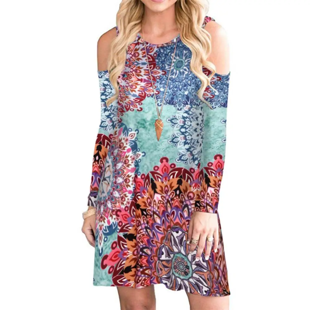 

Hot Sales!! Autumn Women Fashion Floral Print Cold Shoulder O-Neck Long Sleeve Mini Dress