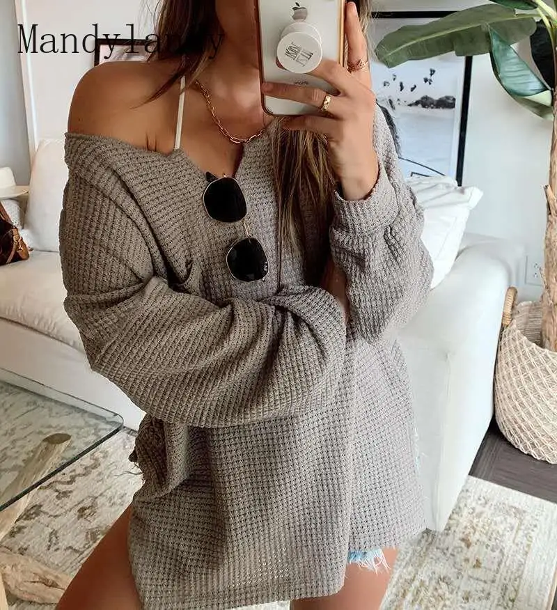 

Mandylandy Women's Casual Long Sleeve V-neck Pocket Pullover Sweater Top Spring Autumn Fashion Solid Color Loose Knitted Sweater