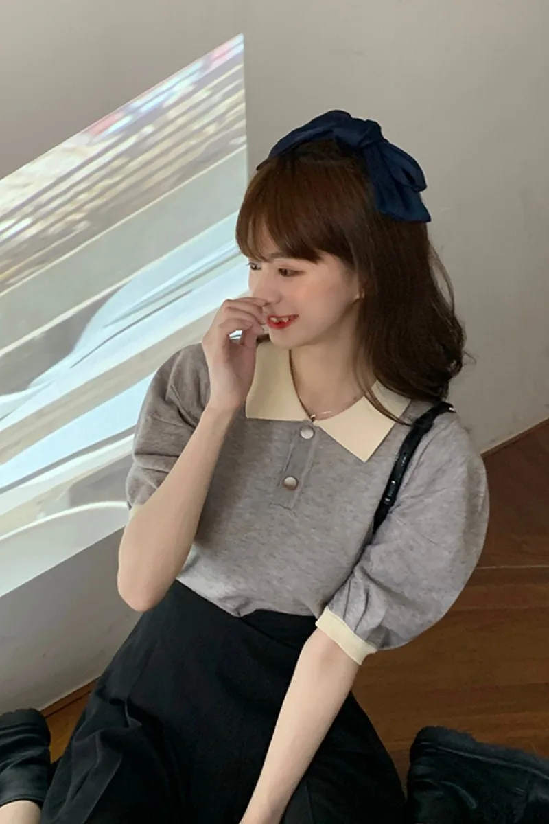 

Elegant Fashion Solid Colour Polo Collar Tshirt for Women 2021 New Summer T-shirt Loose Crop Top All-match Puff Sleeve Tee