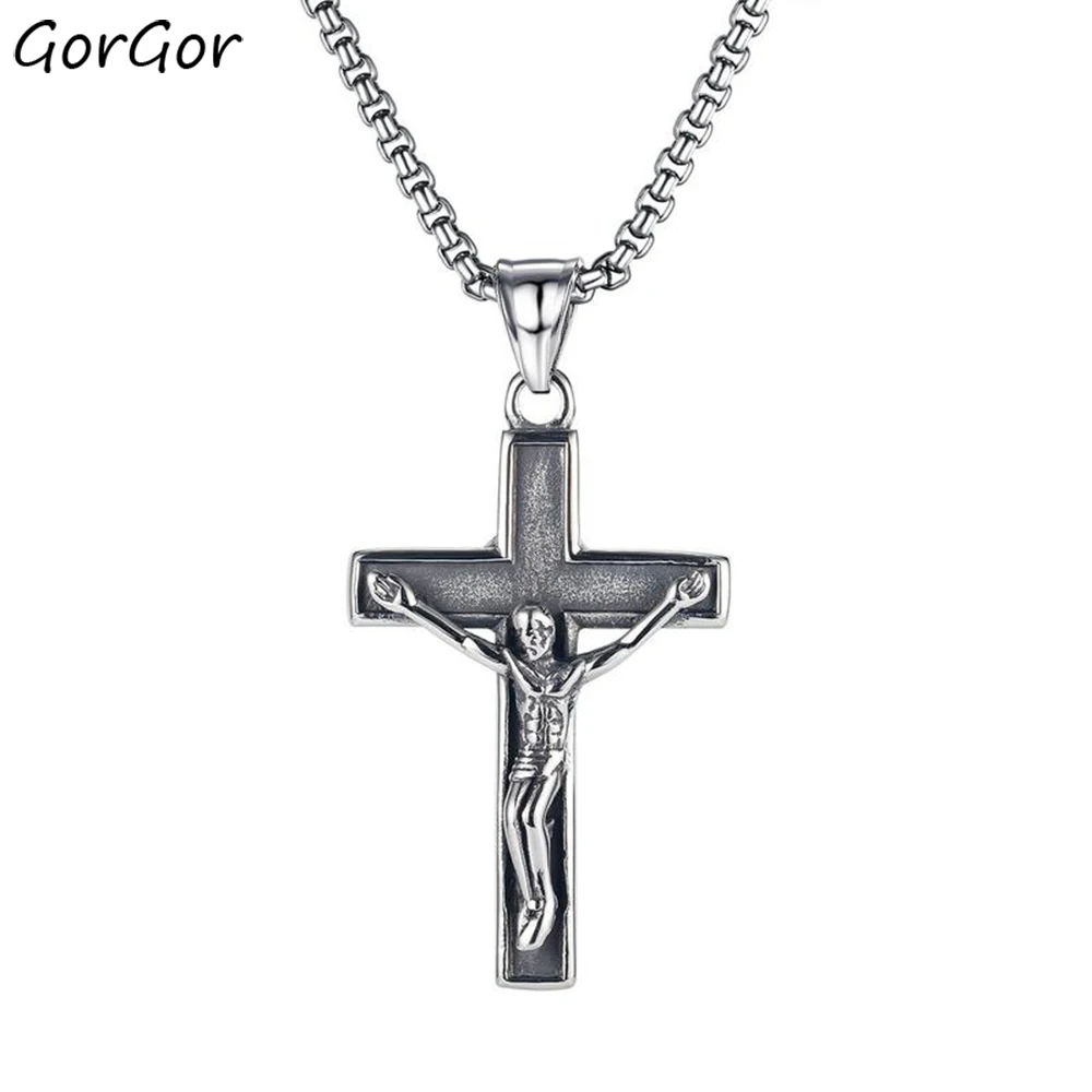 

GorGor Necklace Men Stainless Steel Pattern Jesus Cross Pendant Individuality Vintage Style Party Fashion Accessories TX-1821