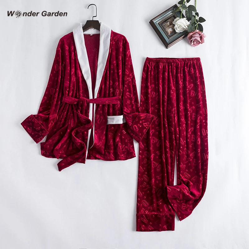 Wonder Garden Fshion Velvet Pajamas Set Woman Warm Sleepwear Letter Printing Casual Two-piece Suit Fall Winter Belt Nightwear