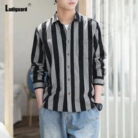 ladiguard plus size men casual shirt open stitch basic tops homme blouse 2022 spring new sexy fashion striped shirts blusas