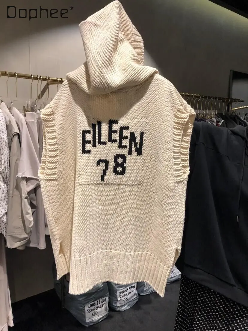 

2021 Spring New Fashion Sweet Lettered Casual Wind Loose Knitted Hooded Sleeveless Vest Waistcoat Women Sweater Vest