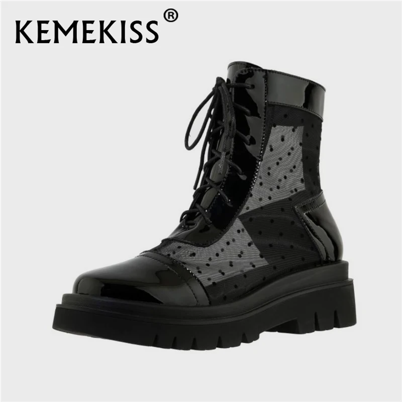 

KemeKiss 2021 Women Real Leather Summer Boots Round Toe Cross Ctrap Dot Pattern Platform Shoes Female Footwear Size 34-43
