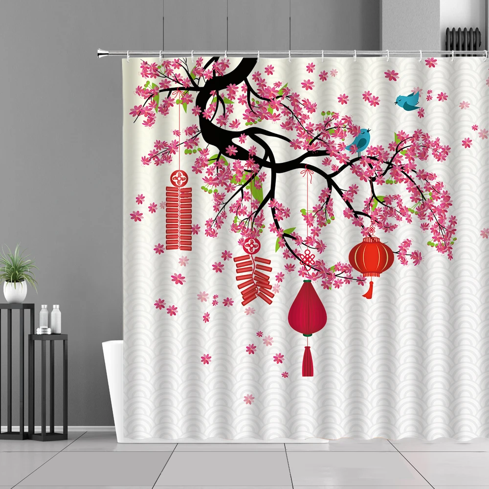 

Chinese Style Scenery Waterproof Shower Curtains Pink Flower Tree White Swan Landscape Bath Curtain Screen Home Decor Wall Cloth