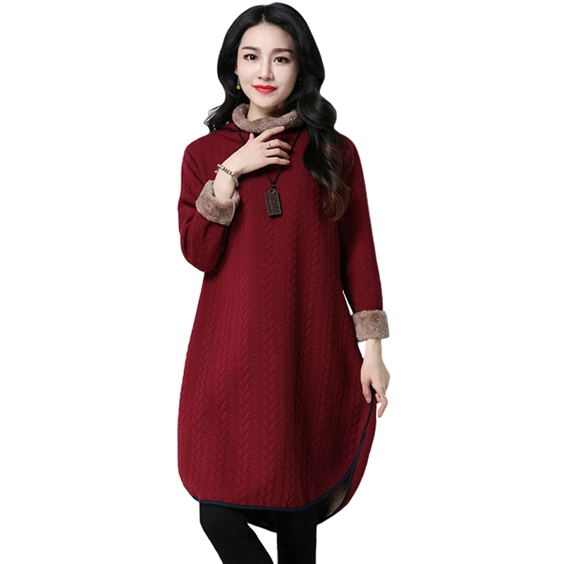 Women's winter dress 2019 High collar A-line Thicken velvet plus-size Fashion Retro keep warm loose casual | Женская одежда