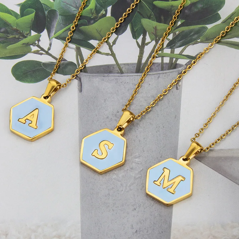 

Модное дизайнерское ожерелье ALLNEWME с подвеской шестигранным синим корпусом для женщин, ожерелья из нержавеющей стали с радужным градиентом ...