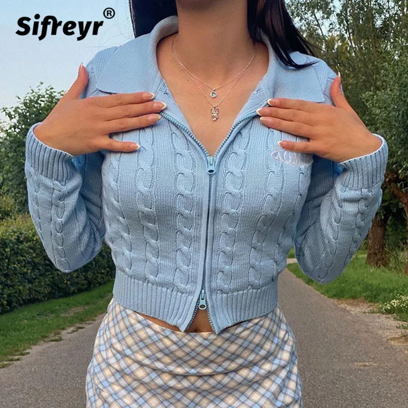 

Женский трикотажный кардиган Sifreyr, свитер на молнии с длинным рукавом и вышивкой букв, Y2k, свитер с отложным воротником, пальто