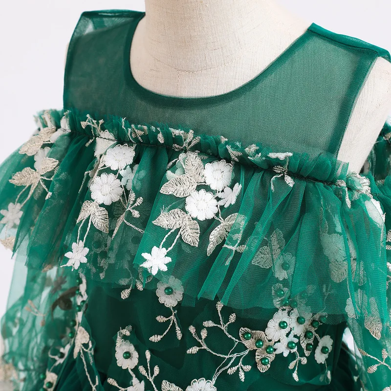 

Flower Girl Dresses Floor-Length Luxury Short Off The Shoulder Pearls Embroidery Ball Gown O-Neck Kids Party Princess Skirt D316