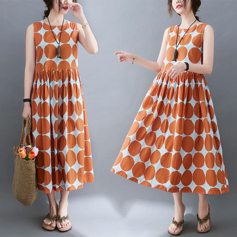 Женское платье-чехол без рукавов повседневное летнее платье в горошек японском