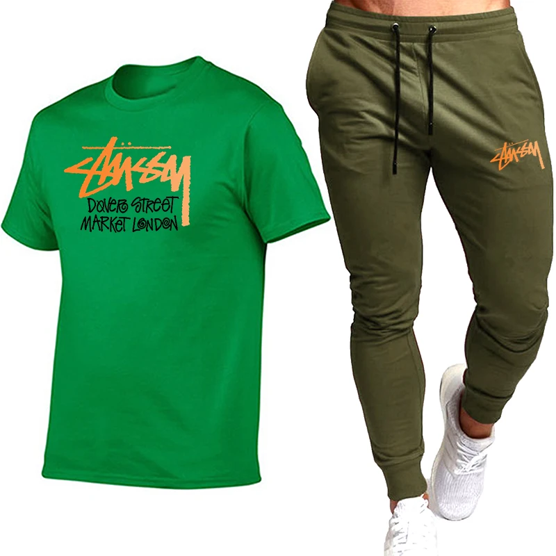

Spring Summer Men's Cotton Round Neck T-Shirt+ Wear a Belt Long Pants Casual Wear Sportswear Suit