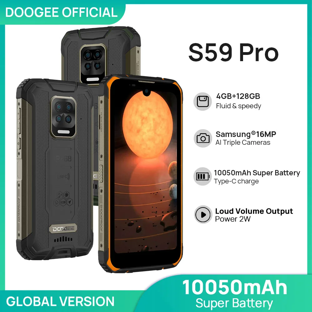 

DOOGEE S59 Pro Smartphone 10050mAh Super Battery IP68/IP69K 4+128GB NFC Rugged Smart phone 2W Loud Volume Speaker Cellphones
