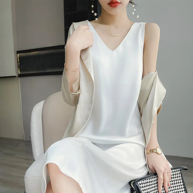 

Acetate silk SLING DRESS women's design medium length sexy sleeveless skirt summer V-neck vest long skirt