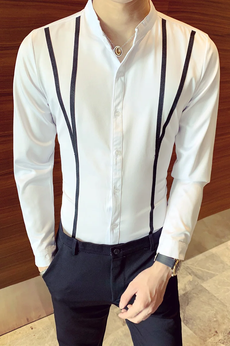 

Plus Size 5XL Simple White Shirt Men Fashion 2020 Long Sleeve Striped Gentlemen Tuxedo Dress Slim Fit Stand Collar Social Shirts