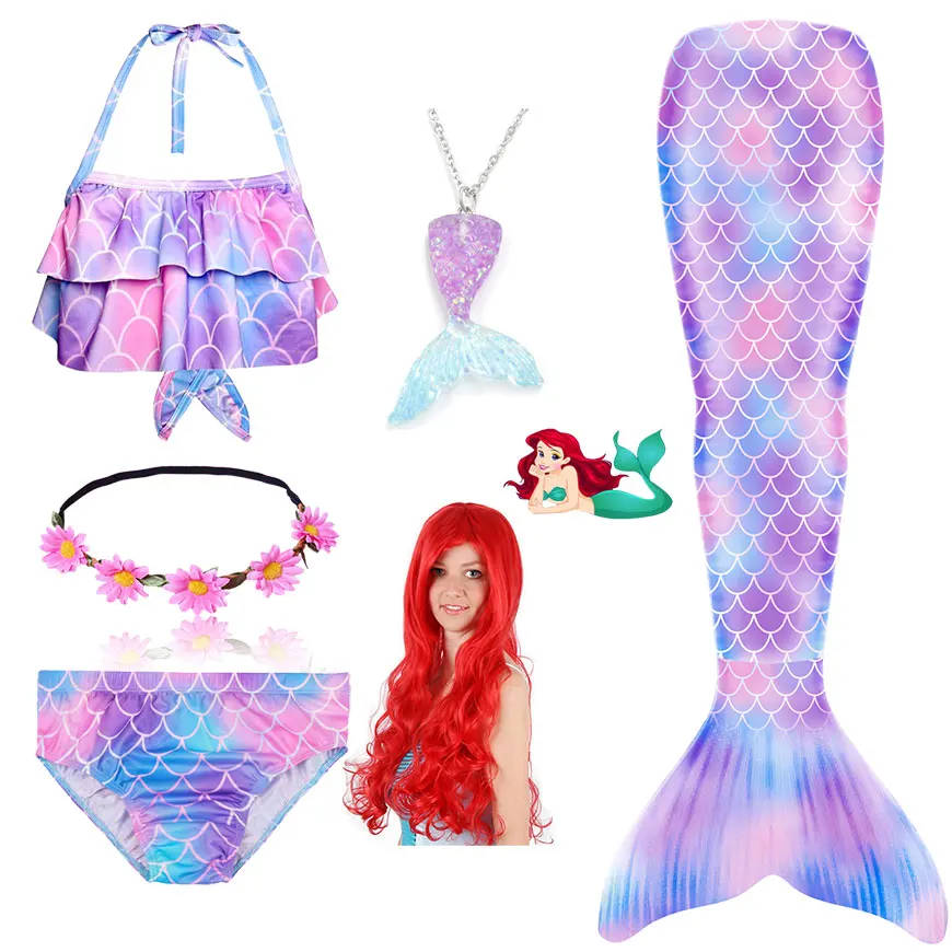 Женский детский костюм «русалка Ариэль», купальный костюм- купальник-бикини, хвост, парик, моноласт, для девочек