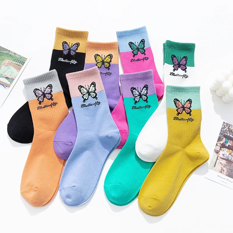 

8 пар кавайные носки с бабочками женские хлопковые милые носки в стиле Харадзюку Женские Дышащие Короткие носки модные зимние носки средней...