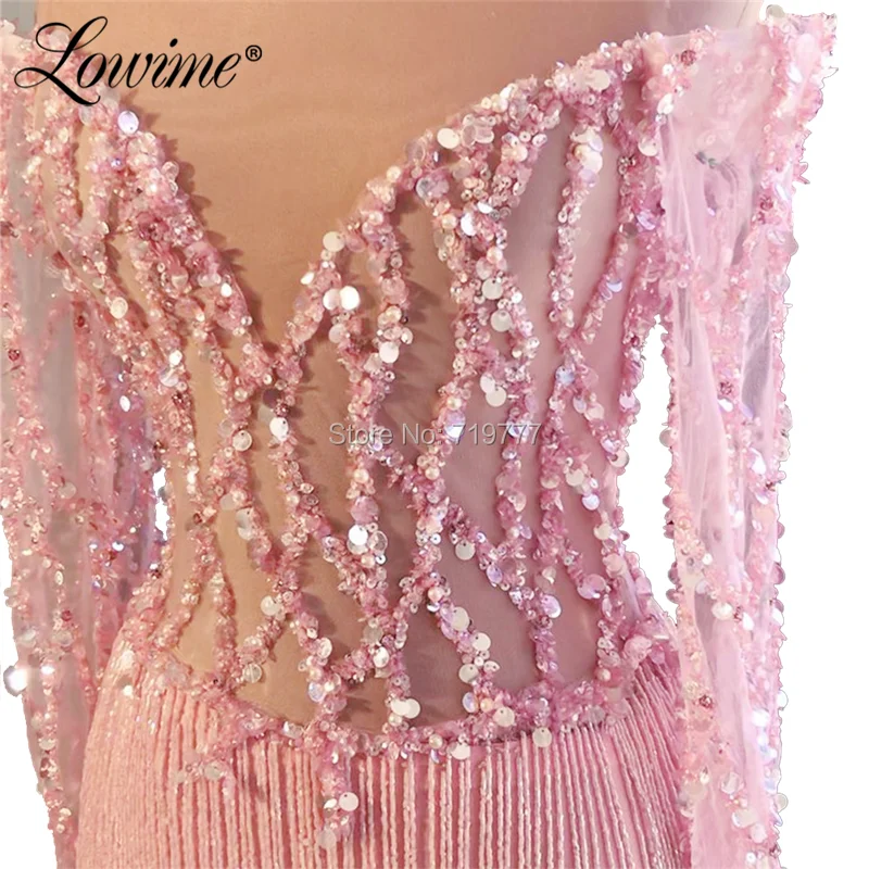 Pink Tassel Beaded Off The Shoulder Evening Dress Handmade Sequins Arabic Party Gown 2020 Customized Prom Dresses Robe De Soiree