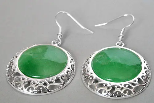 

VINTAGE 925 STERLING SILVER NATURAL GREEN NATURAL JADE COIN BEADS DANGLE EARRINGS 2"