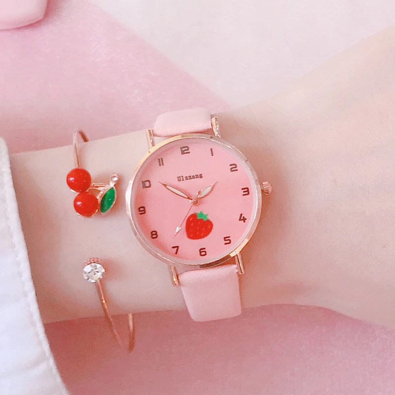 Детские часы в комплекте милые модели с браслетом из вишни повседневные